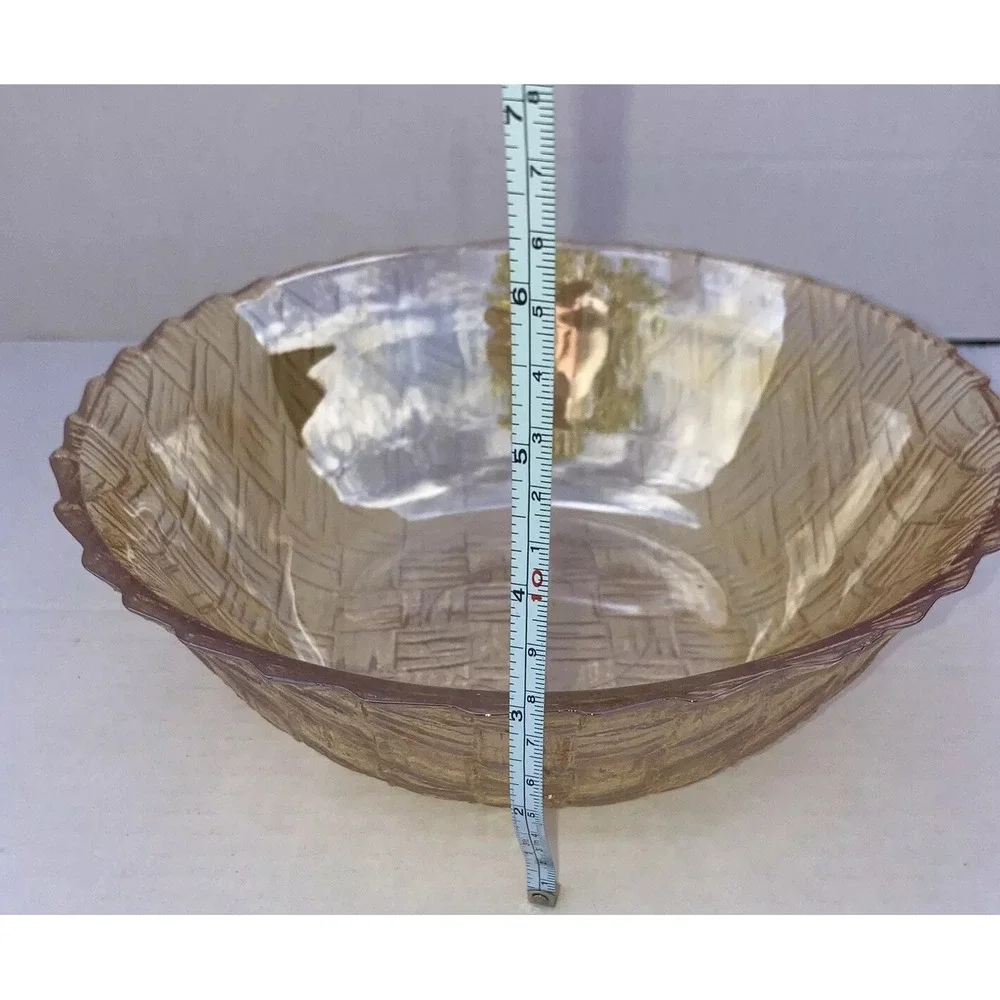 Vintage Amber Cross Cross Basket Weave Carnival Glass Serving Bowl. 9